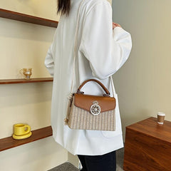 Square Straw Box Bag Metal Decor Shoulder Purse Crossbody Handbag