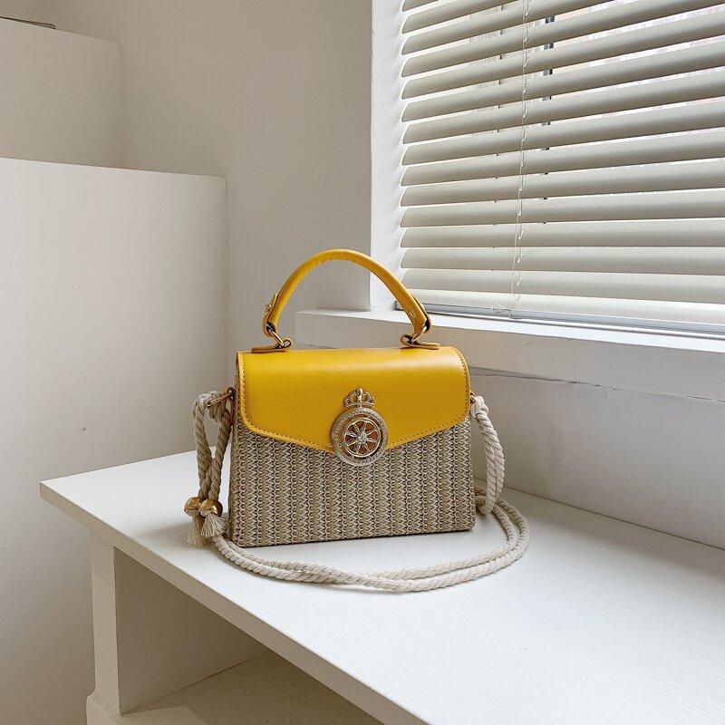 Square Straw Box Bag Metal Decor Shoulder Purse Crossbody Handbag