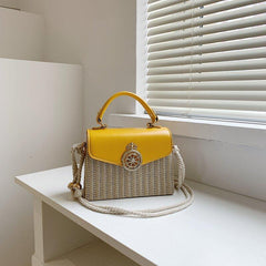 Square Straw Box Bag Metal Decor Shoulder Purse Crossbody Handbag