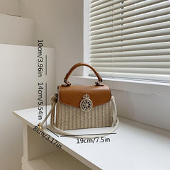 Square Straw Box Bag Metal Decor Shoulder Purse Crossbody Handbag