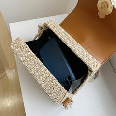 Square Straw Box Bag Metal Decor Shoulder Purse Crossbody Handbag