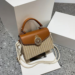 Square Straw Box Bag Metal Decor Shoulder Purse Crossbody Handbag