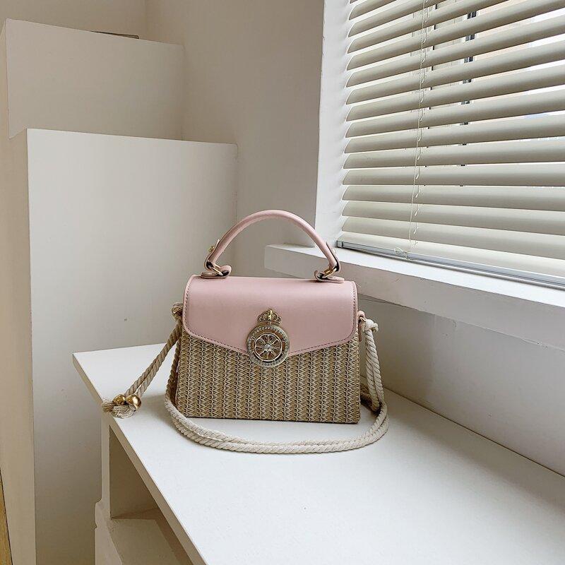 Square Straw Box Bag Metal Decor Shoulder Purse Crossbody Handbag
