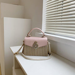 Square Straw Box Bag Metal Decor Shoulder Purse Crossbody Handbag