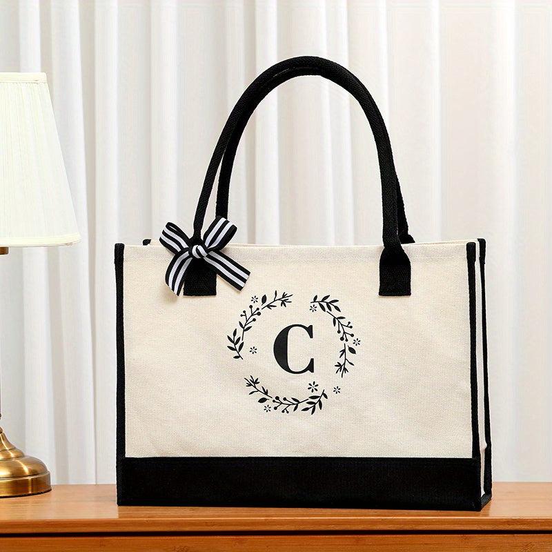 Letter Plant Pattern Canvas Tote Bag Large Capacity Shopping Handbag