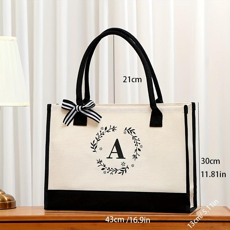Letter Plant Pattern Canvas Tote Bag Large Capacity Shopping Handbag