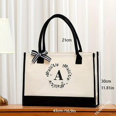 Letter Plant Pattern Canvas Tote Bag Large Capacity Shopping Handbag