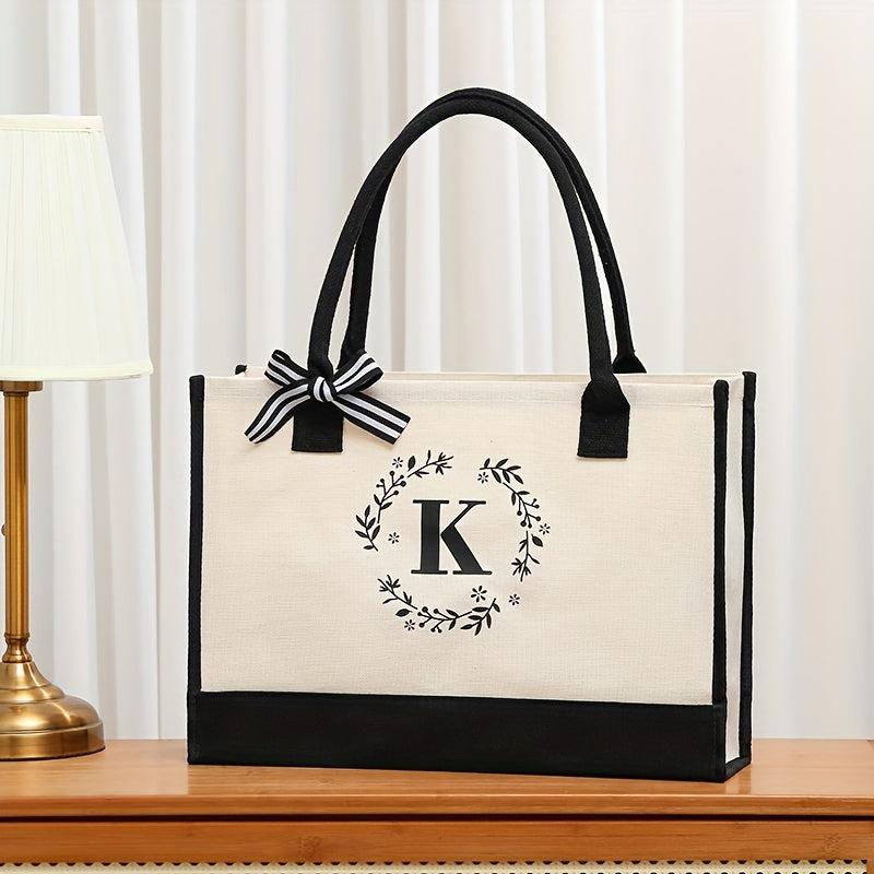 Letter Plant Pattern Canvas Tote Bag Large Capacity Shopping Handbag