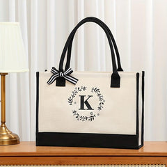 Letter Plant Pattern Canvas Tote Bag Large Capacity Shopping Handbag