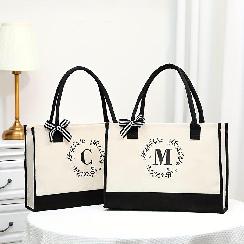 Letter Plant Pattern Canvas Tote Bag Large Capacity Shopping Handbag