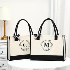 Letter Plant Pattern Canvas Tote Bag Large Capacity Shopping Handbag