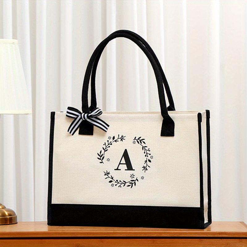 Letter Plant Pattern Canvas Tote Bag Large Capacity Shopping Handbag