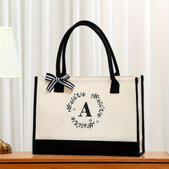 Letter Plant Pattern Canvas Tote Bag Large Capacity Shopping Handbag