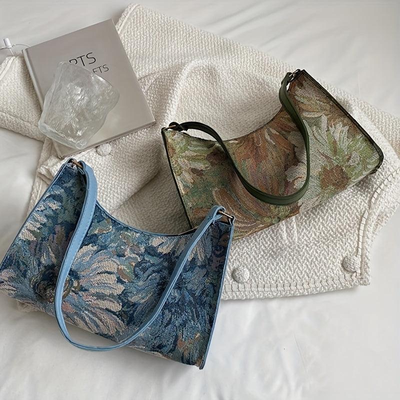 Floral Oil Painting Shoulder Bag Nylon Baguette Purse