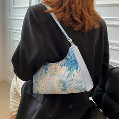 Floral Oil Painting Shoulder Bag Nylon Baguette Purse