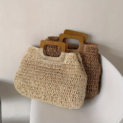 Large Capacity Straw Satchel Bag with Wooden Handle