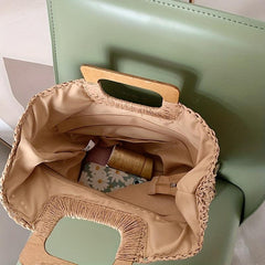 Large Capacity Straw Satchel Bag with Wooden Handle