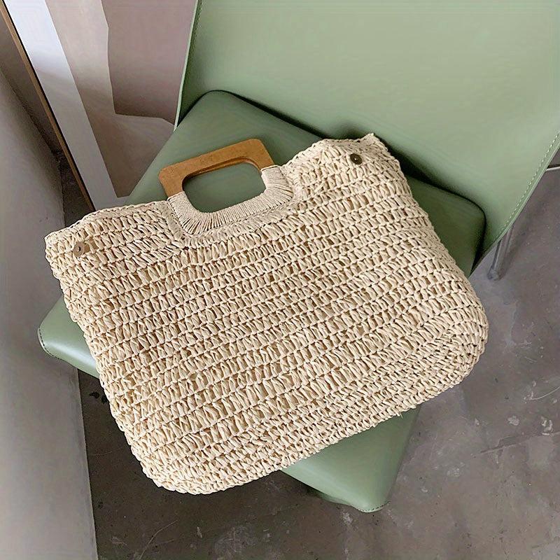 Large Capacity Straw Satchel Bag with Wooden Handle