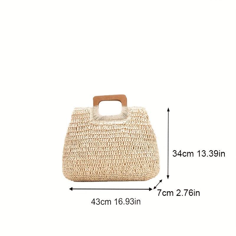 Large Capacity Straw Satchel Bag with Wooden Handle