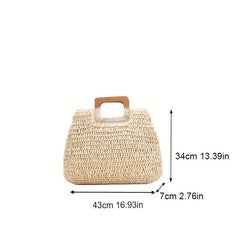 Large Capacity Straw Satchel Bag with Wooden Handle
