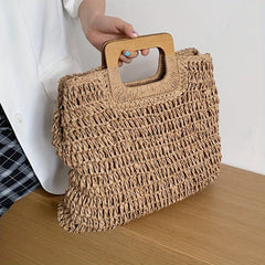 Large Capacity Straw Satchel Bag with Wooden Handle