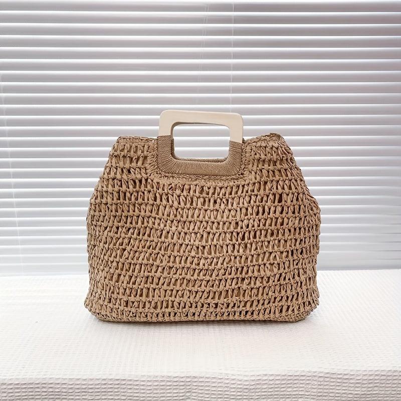 Large Capacity Straw Satchel Bag with Wooden Handle