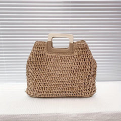 Large Capacity Straw Satchel Bag with Wooden Handle