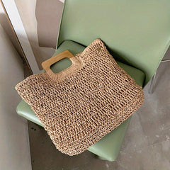 Large Capacity Straw Satchel Bag with Wooden Handle
