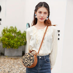 Leopard Pattern Round Bag Zipper Satchel Women's Purse