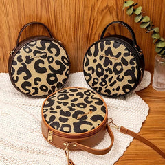 Leopard Pattern Round Bag Zipper Satchel Women's Purse