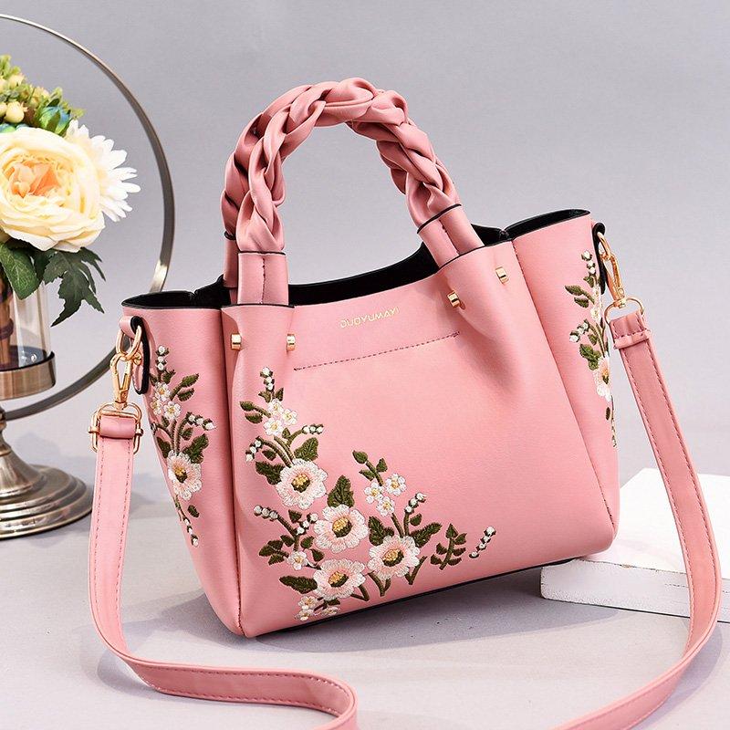 Floral Embroidery Crossbody Bag Braided Handle Purse