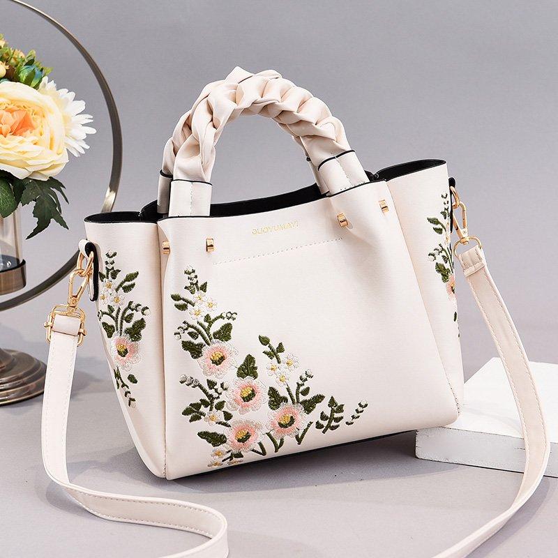 Floral Embroidery Crossbody Bag Braided Handle Purse