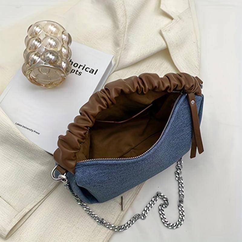 Denim Shoulder Bag with Rope Handle & Detachable Strap