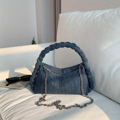 Denim Shoulder Bag with Rope Handle & Detachable Strap