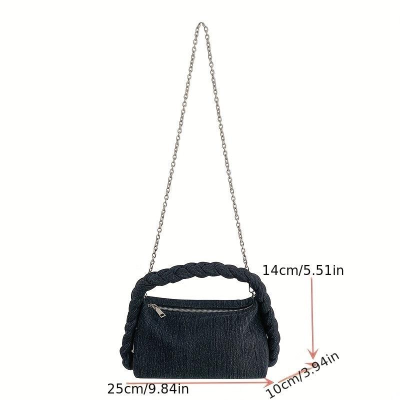 Denim Shoulder Bag with Rope Handle & Detachable Strap
