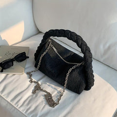 Denim Shoulder Bag with Rope Handle & Detachable Strap