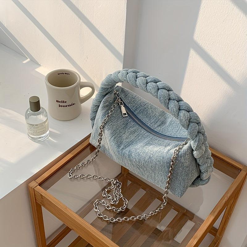 Denim Shoulder Bag with Rope Handle & Detachable Strap