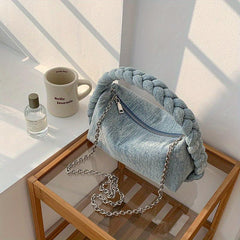 Denim Shoulder Bag with Rope Handle & Detachable Strap