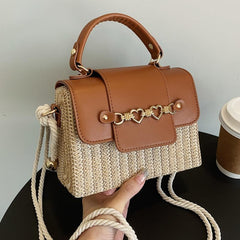 Heart Flap Straw Box Bag Top Handle Purse