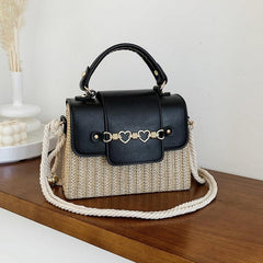 Heart Flap Straw Box Bag Top Handle Purse