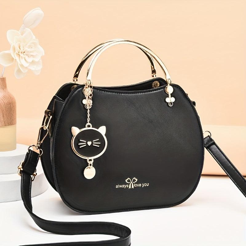 Letter Graphic Round Handbags Cat Decor Crossbody Bag Women's Top Ring Purses