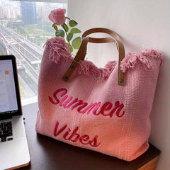 Tassel Trim Tote Bag Women Embroidery Shoulder Bag Canvas Handbags