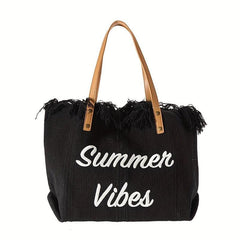 Tassel Trim Tote Bag Women Embroidery Shoulder Bag Canvas Handbags