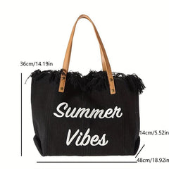 Tassel Trim Tote Bag Women Embroidery Shoulder Bag Canvas Handbags