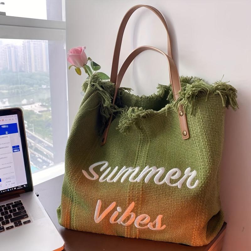 Tassel Trim Tote Bag Women Embroidery Shoulder Bag Canvas Handbags