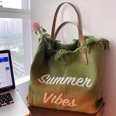 Tassel Trim Tote Bag Women Embroidery Shoulder Bag Canvas Handbags
