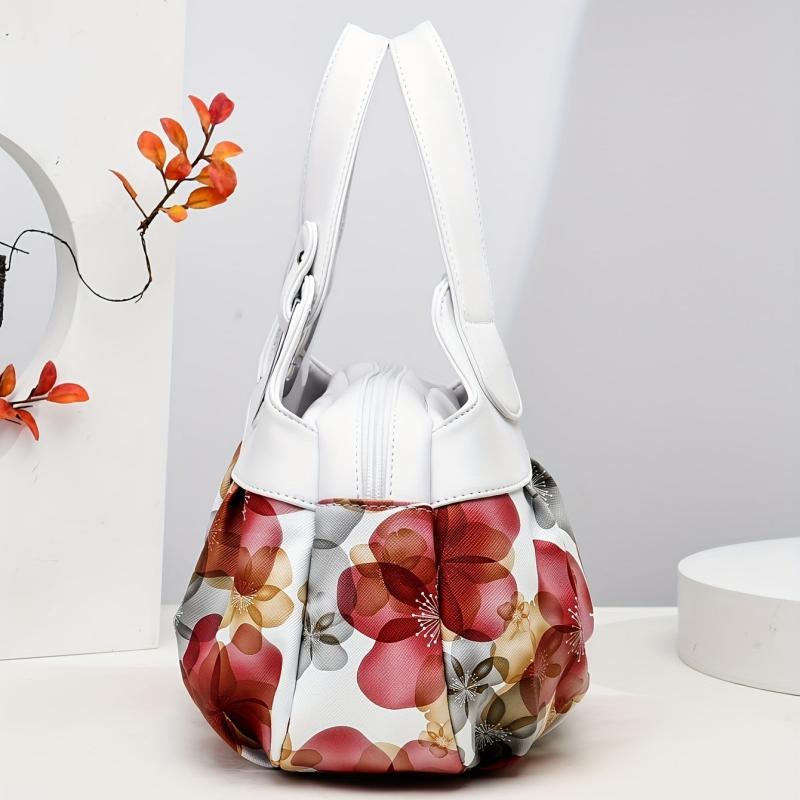 Flower Print Handbag For Women Ruched Storage Bag PU Leather Layer Purses