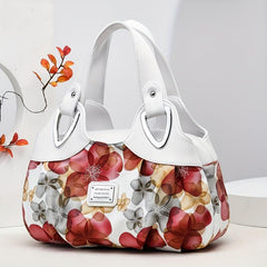 Flower Print Handbag For Women Ruched Storage Bag PU Leather Layer Purses