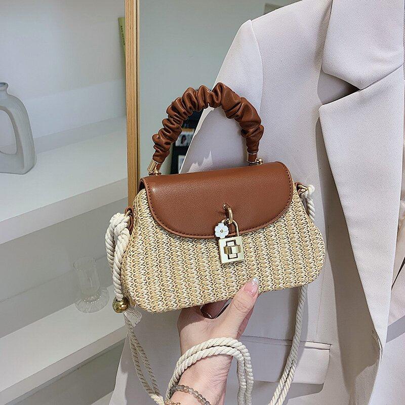 Mini Flower Decor Straw Bag Ruched Top Handle Bag