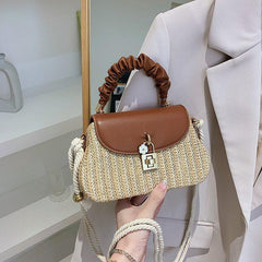 Mini Flower Decor Straw Bag Ruched Top Handle Bag